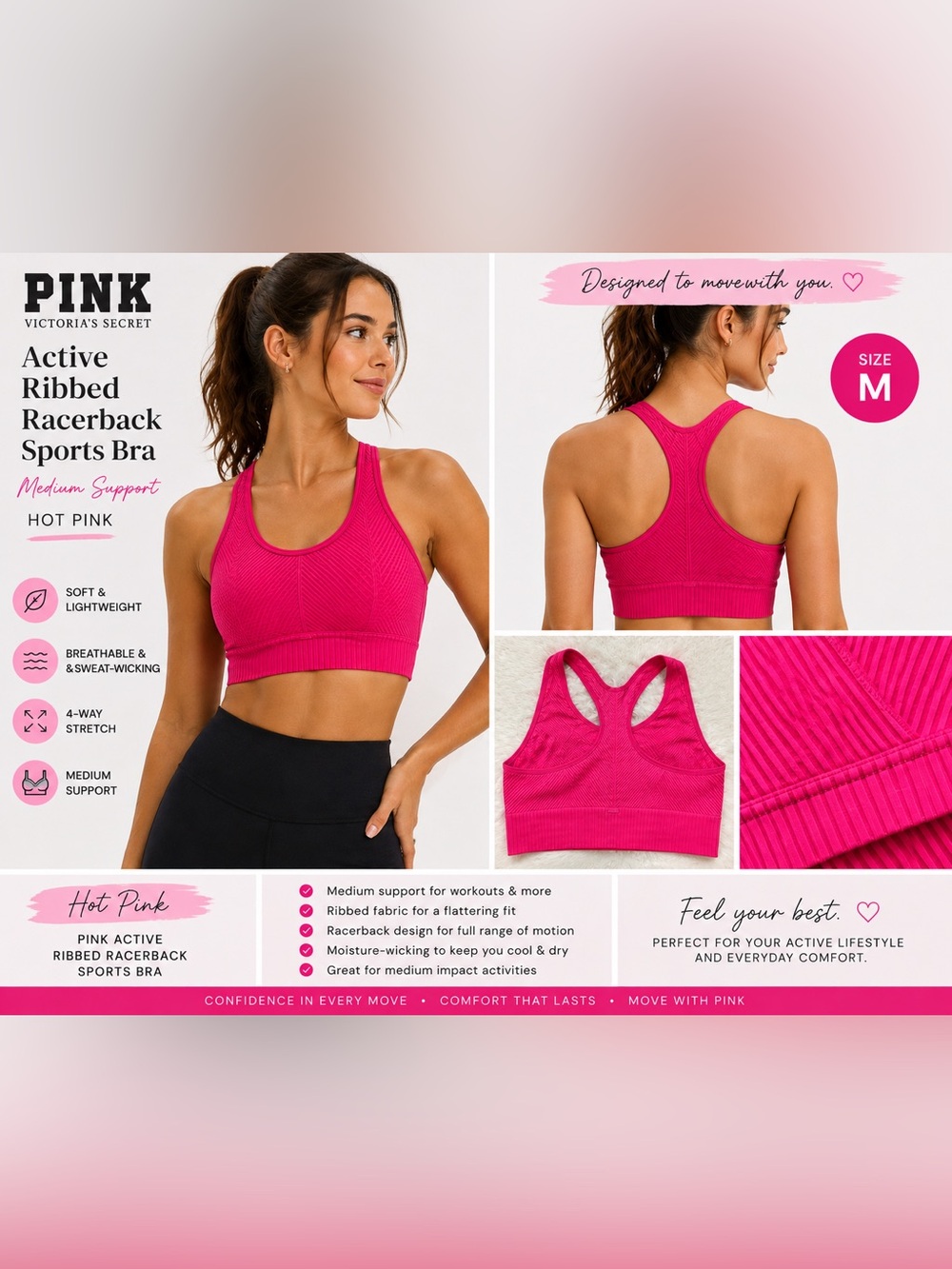 🔥 4/$20 Mix&Match 🔥 PINK | Active Ribbed Racerback | Sports Bra | M | Hot Pink